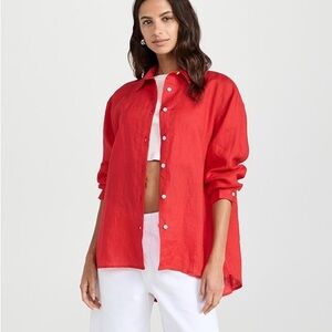 Vibrant Red Women’s Minimalist 100% Linen J.Jill Button Up Top Size Small Summer